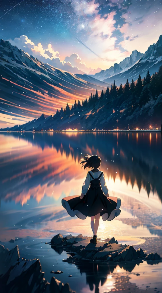 High quality masterpiece, landscape, anime train passing through bodies of water on tracks, bright starry sky. Romantic train, pixiv, concept art, lofi art style, reflection. by Makoto Shinkai, lofi art, Beautiful anime scene, Anime landscape, detailed scenery —width 672, in style of Makoto shinkai, style of Makoto shinkai, ノーガール、enhanced details.