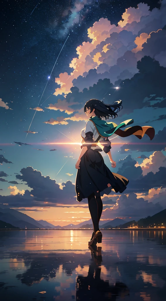 High quality masterpiece, landscape, anime train passing through bodies of water on tracks, bright starry sky. Romantic train, pixiv, concept art, lofi art style, reflection. by Makoto Shinkai, lofi art, Beautiful anime scene, Anime landscape, detailed scenery —width 672, in style of Makoto shinkai, style of Makoto shinkai, ノーガール、enhanced details.