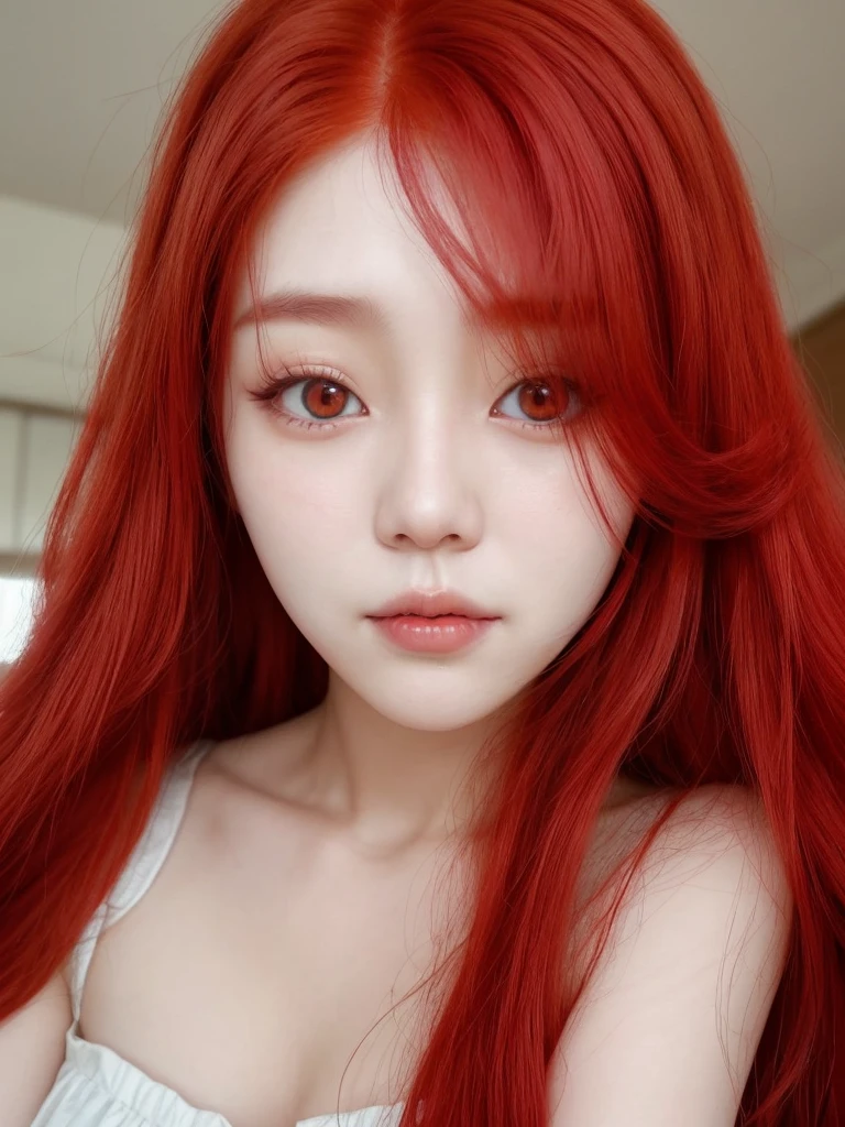 Korean face with long red hair