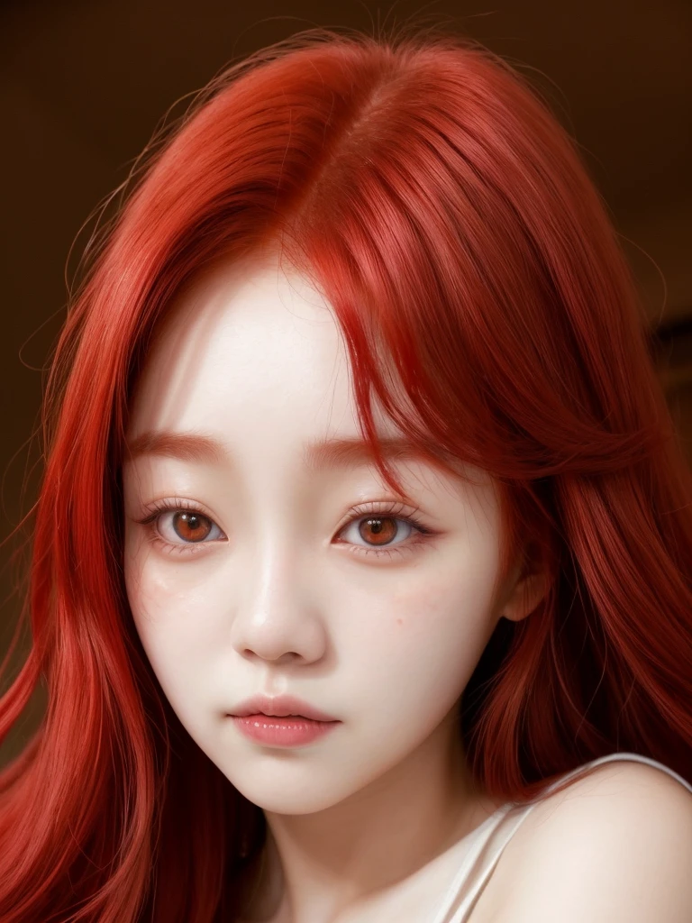Korean face with long red hair