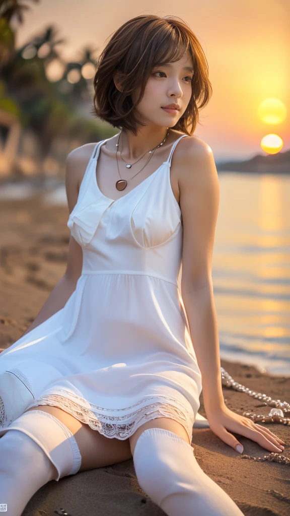 (Not looking at the camera、Beautiful profile looking into the distance:1.5)、(Sitting on the beach with my knees hugged:1.5)、(Profile of a woman looking at the beautiful sunset over the sea、18-year-old female:1.5)、(The best quality at its best:1.4), (Super detailed), (Very detailed CG unified 16k), Beautiful woman with perfect figure: 1.4, Sharp focus: 1.2, Very detailed, High-quality RAW color photos, Professional photography, Great face and eyes, cosmetics, (Amazingly beautiful girl), ((Summer white dress:1.5)), Realistic movie faces, Full body long view from head to toe, Realistic, ((Realistic natural orange red hairstyle)), ( Short Bob Hair:1.5), (necklace:1.5)、, Very beautiful face, Perfect model beauty, Mouth swelling, Highly detailed face and skin texture, Fine grain, double eyelid, Medium chest, (masterpiece), Highest quality, High resolution, Very detailed, Blurred Background, Depth of written boundary, Cinema Lighting, Great legs, , Clear, well-maintained skin,((Full body shot from head to toe:1.5))