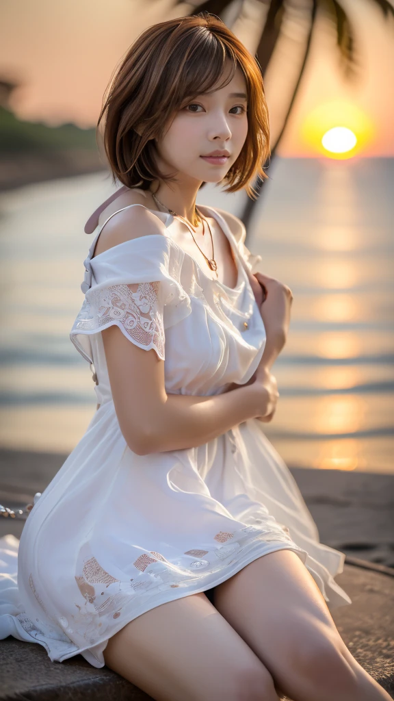 (Not looking at the camera、Beautiful profile looking into the distance:1.5)、(Sitting on the beach with my knees hugged:1.5)、(Profile of a woman looking at the beautiful sunset over the sea、18-year-old female:1.5)、(The best quality at its best:1.4), (Super detailed), (Very detailed CG unified 16k), Beautiful woman with perfect figure: 1.4, Sharp focus: 1.2, Very detailed, High-quality RAW color photos, Professional photography, Great face and eyes, cosmetics, (Amazingly beautiful girl), ((Summer white dress:1.5)), Realistic movie faces, Full body long view from head to toe, Realistic, ((Realistic natural orange red hairstyle)), ( Short Bob Hair:1.5), (necklace:1.5)、, Very beautiful face, Perfect model beauty, Mouth swelling, Highly detailed face and skin texture, Fine grain, double eyelid, Medium chest, (masterpiece), Highest quality, High resolution, Very detailed, Blurred Background, Depth of written boundary, Cinema Lighting, Great legs, , Clear, well-maintained skin,((Full body shot from head to toe:1.5))