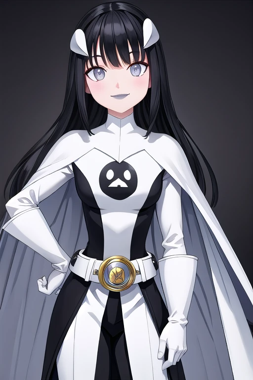 Phantom girl, long black hair, grey eyes, smile, white hair ornament, grey lips, sanpaku, belt, white cape, white gloves, best quality, masterpiece, cowboy shot