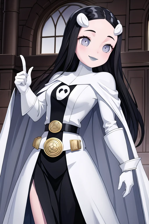 Tinya Wazzo, solo, long black hair, white bodysuit, grey eyes, smile, grey lips, belt, white cape, white gloves, best quality, masterpiece, 1girl, Masterpiece, Best Quality, Detail, room, sexy pose