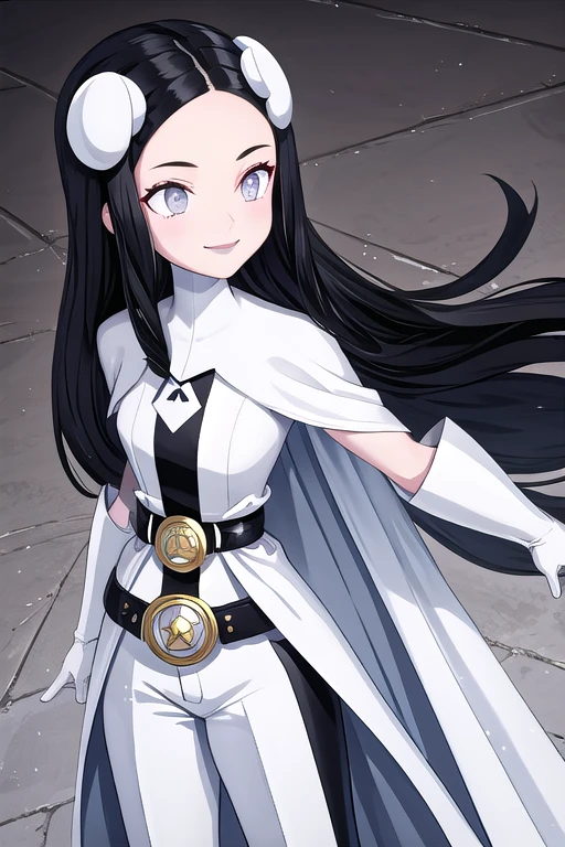 Phantom girl, long black hair, grey eyes, smile, white hair ornament, grey lips, sanpaku, belt, white cape, white gloves, best quality, masterpiece, cowboy shot