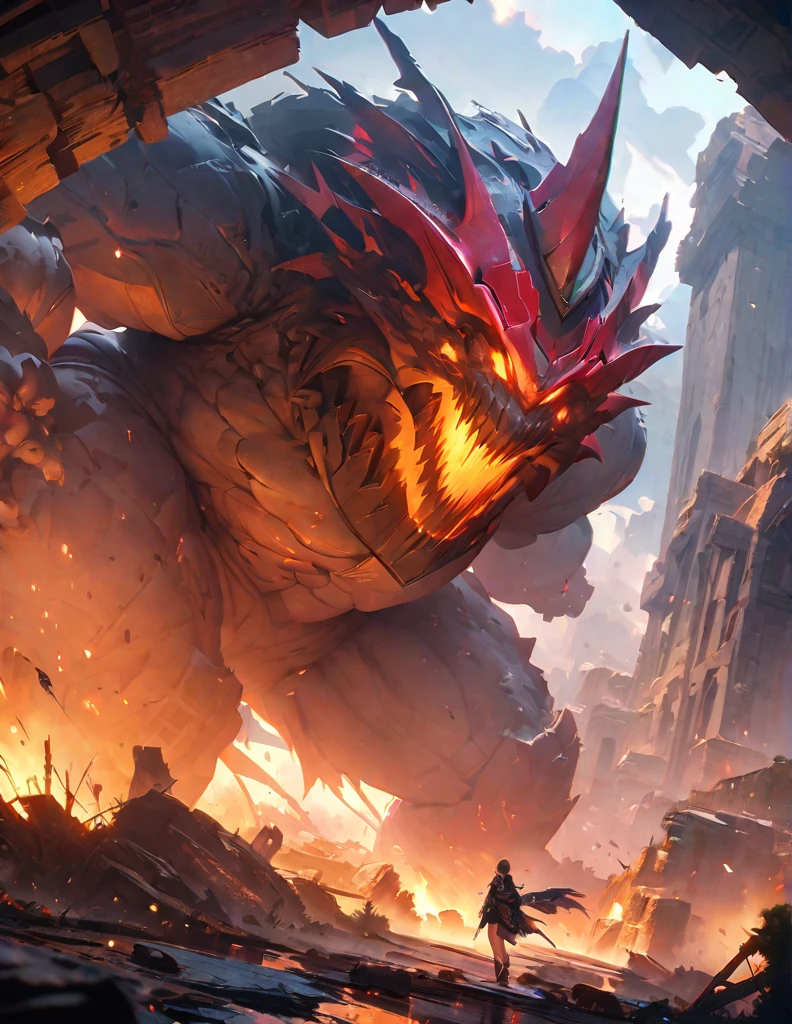 quality(8k wallpaper of extremely detailed CG unit, masterpiece, hight resolution, top-quality, top-quality ,hyper realisitic, digitial painting,increase the resolution,RAW photos,best qualtiy,highly detailed,the wallpaper),BREAK,8K , ancient ruins, Gigantic monster, goddess with nimbs,