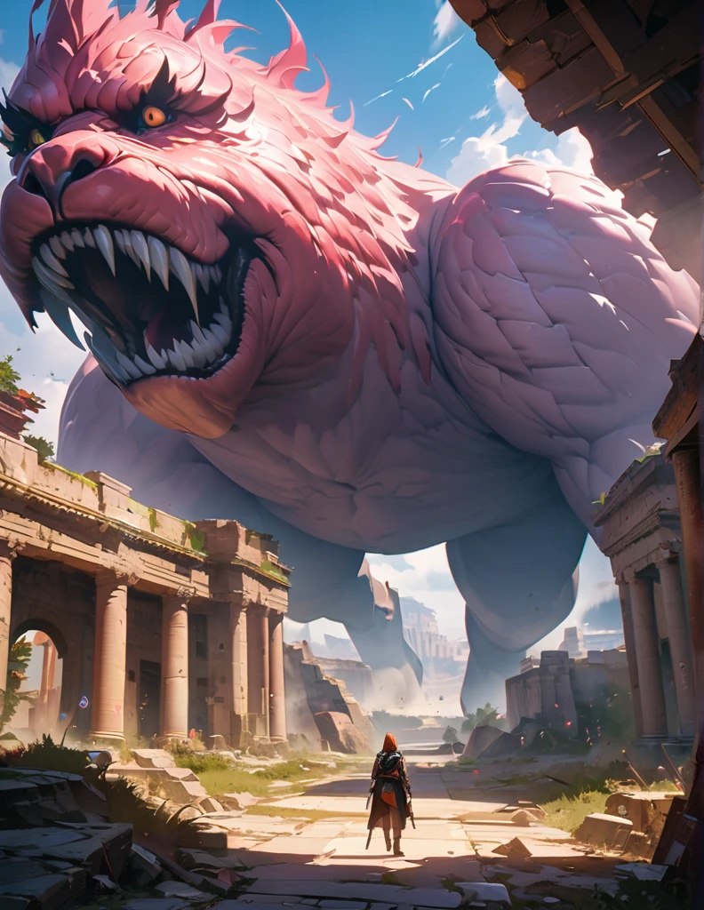 quality(8k wallpaper of extremely detailed CG unit, masterpiece, hight resolution, top-quality, top-quality ,hyper realisitic, digitial painting,increase the resolution,RAW photos,best qualtiy,highly detailed,the wallpaper),BREAK,8K , ancient ruins, Gigantic monster, goddess with nimbs,