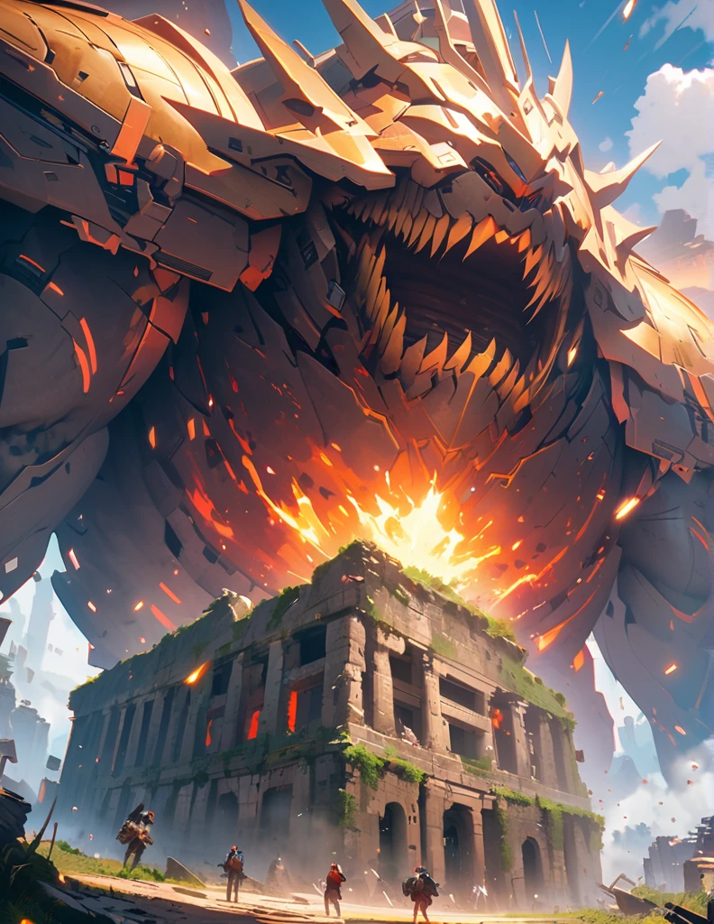 quality(8k wallpaper of extremely detailed CG unit, masterpiece, hight resolution, top-quality, top-quality ,hyper realisitic, digitial painting,increase the resolution,RAW photos,best qualtiy,highly detailed,the wallpaper),BREAK,8K , ancient ruins, Gigantic monster, goddess with nimbs,