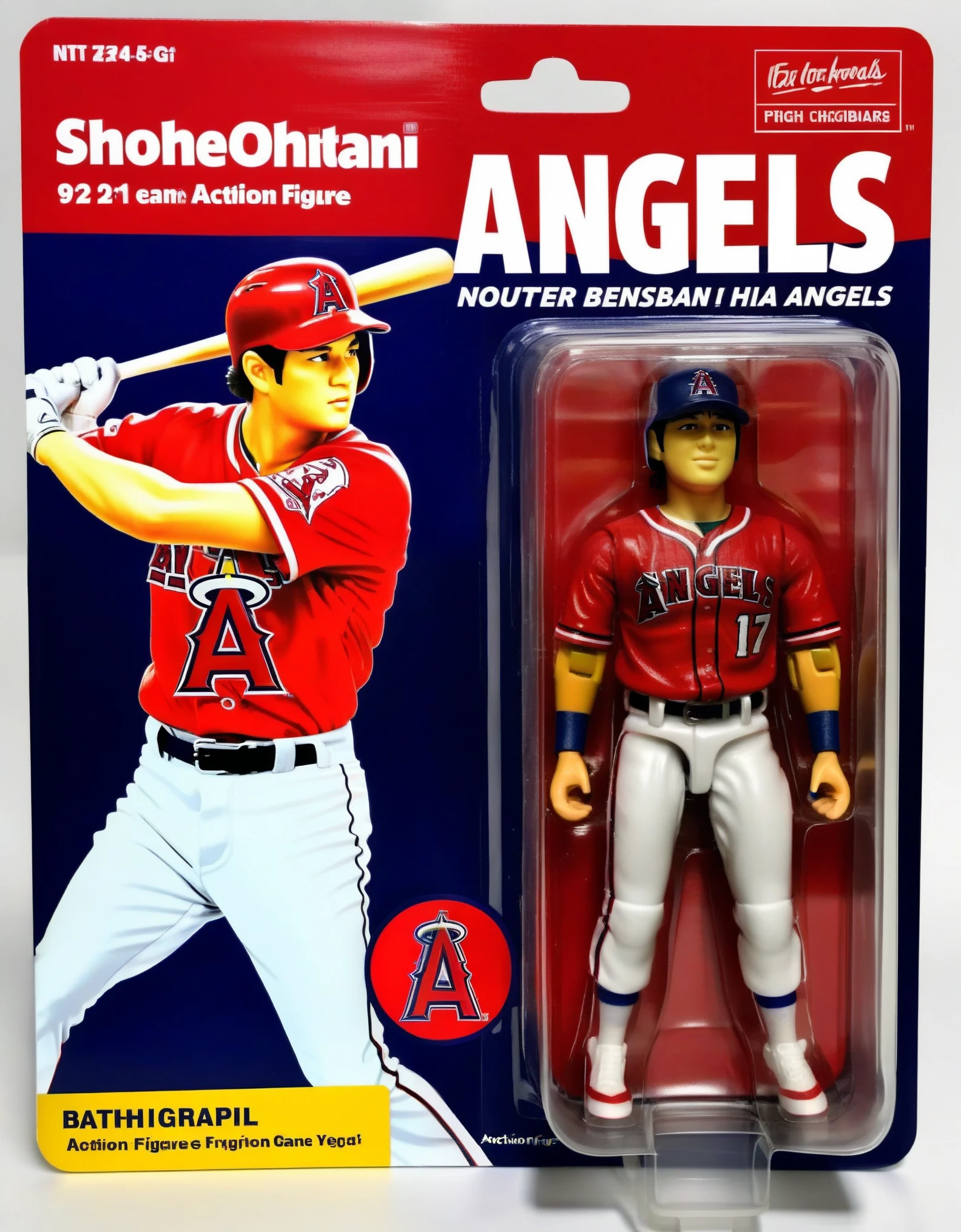 An action figure of Shohei Ohtani in a plastic box, resembling a photograph. The figure is in a batting pose, wearing his Los Angeles Angels uniform. The packaging displays Shohei Ohtani's dynamic in-game moments and his signature batting stance,