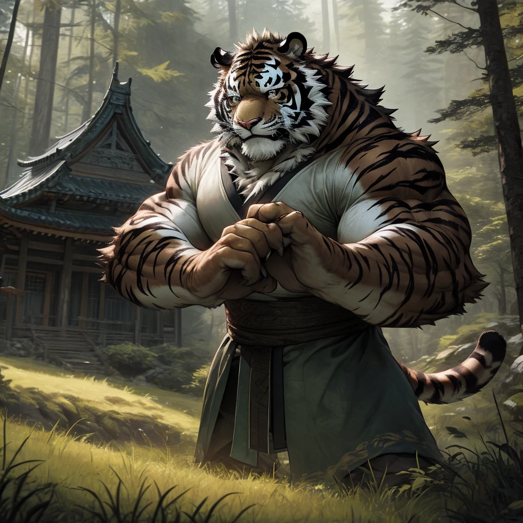 In the dense forest, the cursed black tiger with black fur has a naked upper body with well-developed muscles and sweats. Standing next to the isolated grass house in the mountains and forests, he is practicing kung fu and looking into the distance. The mature, deep and experienced black tiger with black fur