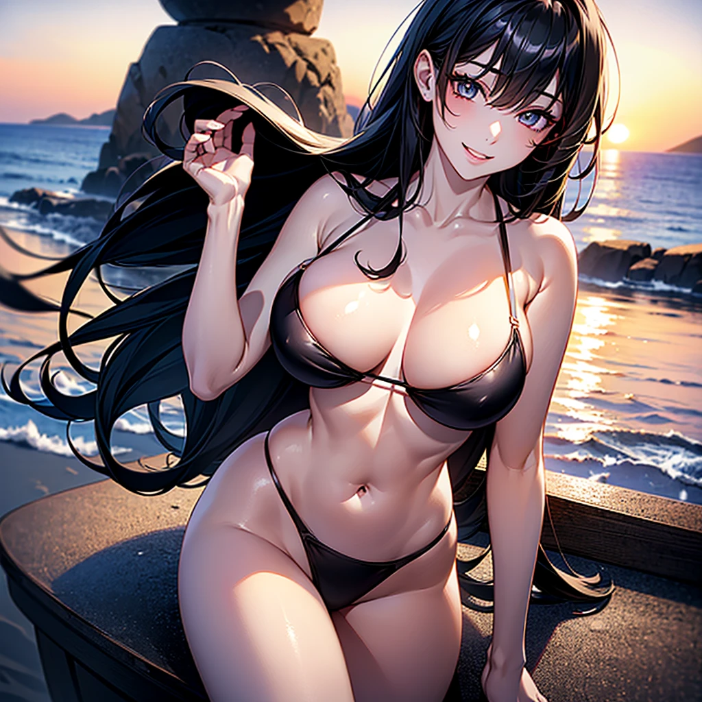 (masterpiece、Highest quality、High resolution、Highest quality、Realistic depiction)Created by Girl(whole body)、Long Black Hair、Beautiful Eyes、Black Bikini、Emphasizing body lines、Sexy pose、Big Breasts、Chest、　valley、smile、Sunset Beach、