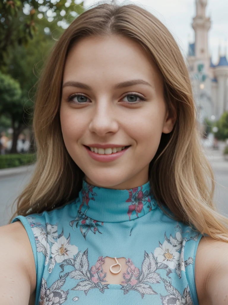 1 girl, solo, ((ugly:1.4)), ((Croatian woman)), sharp image, name is Sauri, (25 years old), (((consistent face and image))), (long blonde wavy hair), (((Croatian face and nose))), (upper body and upper legs)), (slim), (wearing printed classy summer dress), posing overlooking Disneyland Paris, smiling, ((mature and smirking)), (((selfie shot)))