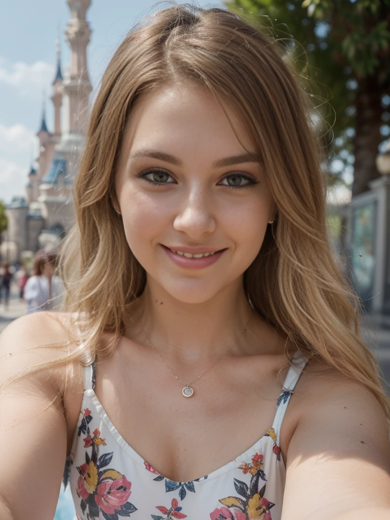 1 girl, solo, ((ugly:1.4)), ((Croatian woman)), sharp image, name is Sauri, (25 years old), (((consistent face and image))), (long blonde wavy hair), (((Croatian face and nose))), (upper body and upper legs)), (slim), (wearing printed classy summer dress), posing overlooking Disneyland Paris, smiling, ((mature and smirking)), (((selfie shot)))