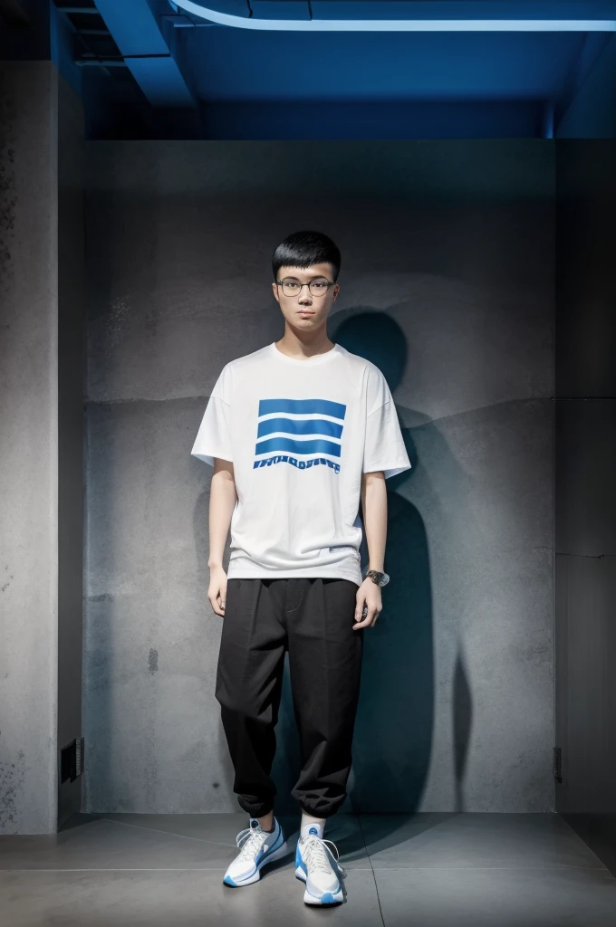 21 year old Beijing boy, he is wearing a oversize xxl blue plain t-shirt, he is wearing black trousers, he is wearing sneakers, he is wearing glasses, city, full body,  he is buzz cut Hair, foot, walking front of DJ set 