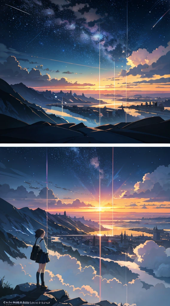 High quality masterpiece, landscape, anime train passing through bodies of water on tracks, bright starry sky. Romantic train, pixiv, concept art, lofi art style, reflection. by Makoto Shinkai, lofi art, Beautiful anime scene, Anime landscape, detailed scenery —width 672, in style of Makoto shinkai, style of Makoto shinkai, ノーガール、enhanced details.