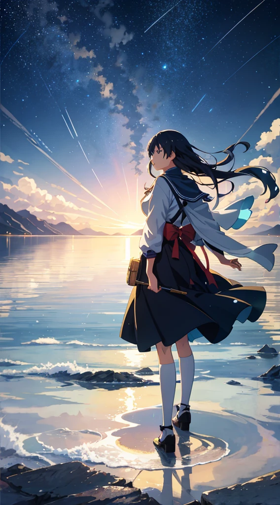 High quality masterpiece, landscape, anime train passing through bodies of water on tracks, bright starry sky. Romantic train, pixiv, concept art, lofi art style, reflection. by Makoto Shinkai, lofi art, Beautiful anime scene, Anime landscape, detailed scenery —width 672, in style of Makoto shinkai, style of Makoto shinkai, ノーガール、enhanced details.