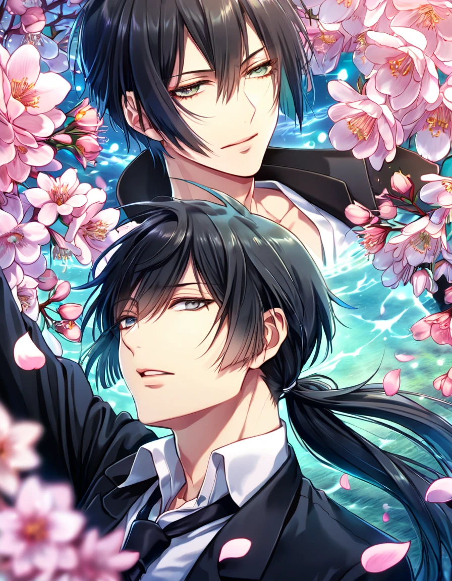 Ultra detailed, highres, absurdres, HDR, master piece, Ginoza Nobuchika, black hair with bangs tied in a low ponytail, expressivee green eyes, Kougami Shinya, black hair, expressive grey eyes, Psycho Pass, fantasy, pink petals, water, pink flowers, handsome, two sexy man together, gay couple, yaoi, magical, best quality, blossoms, blue shining fireflies, black necktie, black jacket, love