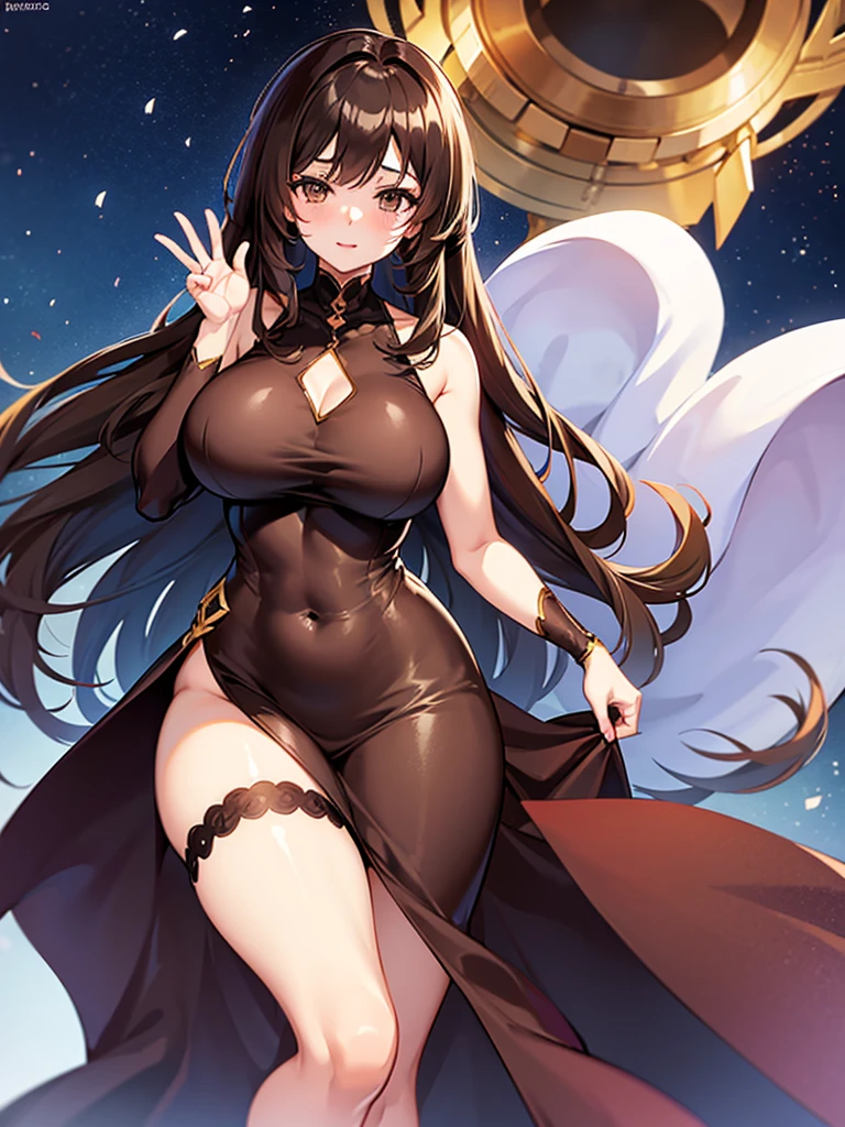 Anime girl, thick and curvy, long curly brown hair with bangs, brown eyes, fancy gown