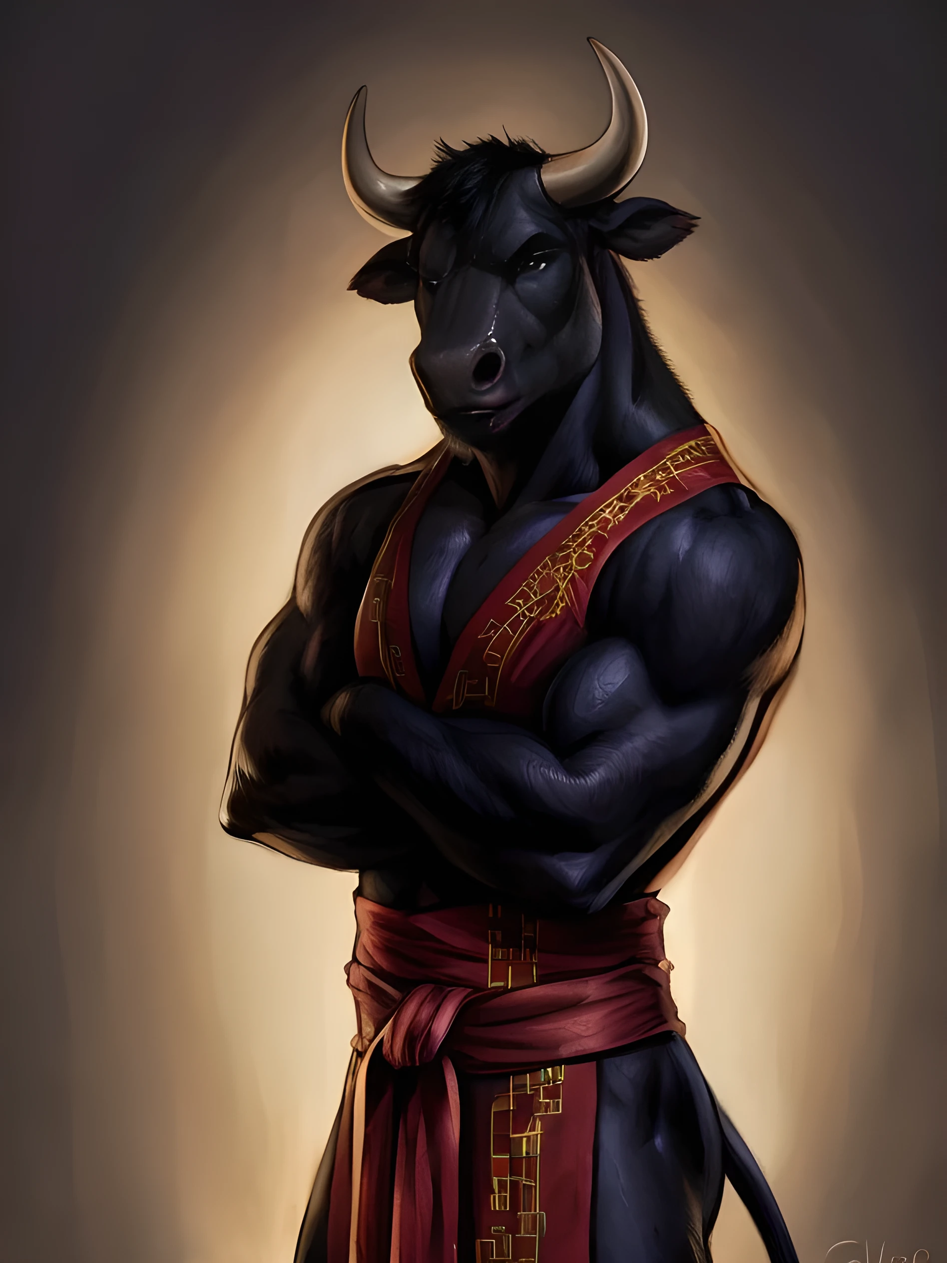 A muscular black humanoid figure, with a bovine-like face and coarse black fur covering his body, stands against a solid color background. His eyes are piercing and intense, his biceps are defined and venous, exuding a sense of raw masculinity and brutality. He wears a traditional Chinese red kimono, the fabric detailed and smooth. His posture is upright and confident, arms crossed, as he gazes directly at the camera. The lighting is perfect, the shadows and colors masterfully rendered in high resolution 4K quality, as if painted by the skilled hands of Fiddler Tarrant, Chunni, Lukis, and Bonifacio.