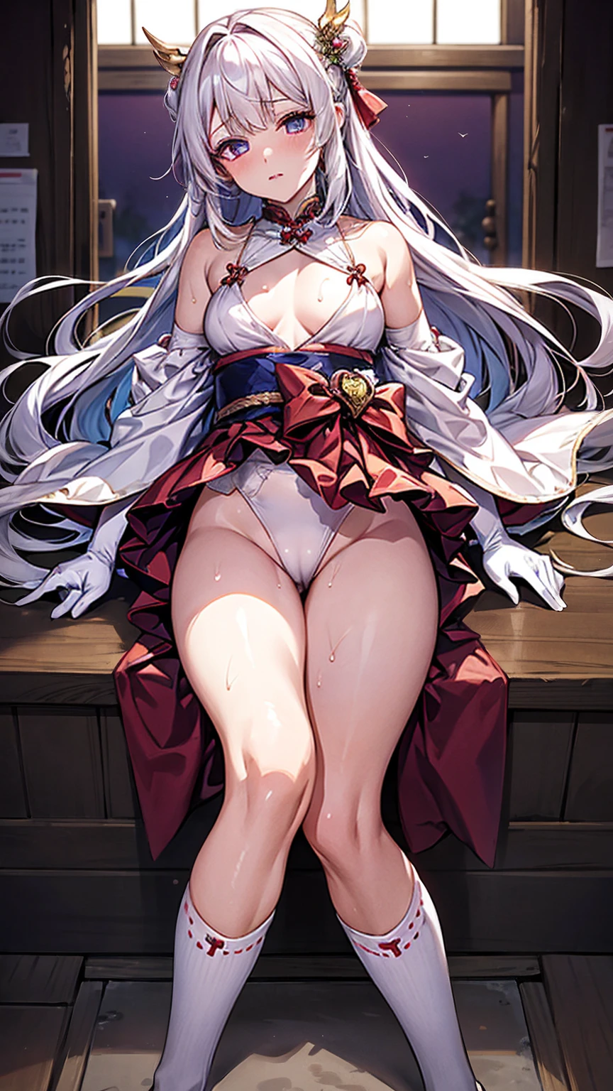 One Girl, (Urzan-6500:0.7), K-POPアイドル, , , Exposed bare shoulders, , Long white hair, Japanese Clothing, The best quality in the best condition, (da pintura:1.5), (hair ornaments:1.35), gem, Purple eyes, 耳Nipple Ring, , Written boundary depth, Detailed face, Face Focus, ribbon_trim, (View your audience:1.25), Non-traditional Shrine Maiden, Shiny skin, Long sleeve, Thick lips, Game CG, (Blur the background:1.2), , , whole body、Put your head on the urinal,Yogurt all over、whole bodyが濡れている、One Girll, , Obscene, Pee, Urine,age,masterpiece, Highest quality, Very detailed,Knee-high socks、Long white elbow gloves、Long socks、Open your thighs wide to the left and right、crouch on the ground、Show the audience your crotch、Came、(Sweat)、(vaWith legs apart、sexy、Bold、Sexy、Ining、dynamiith legs apart、Showing off your crotch