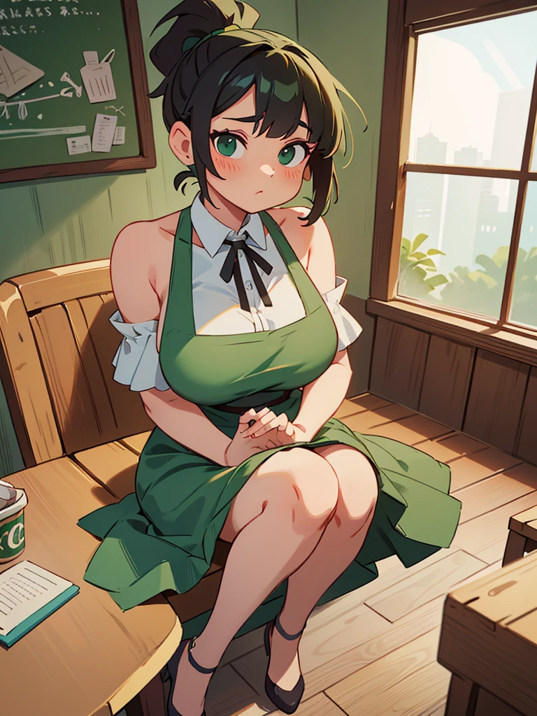 Cool beauty，Looks sweet，ponytail hairstyle, (only wearing dark green apron, off-shoulders), show clavage, show big thigh, huge breast, full body photo, sitting on a table, in a coffee shop