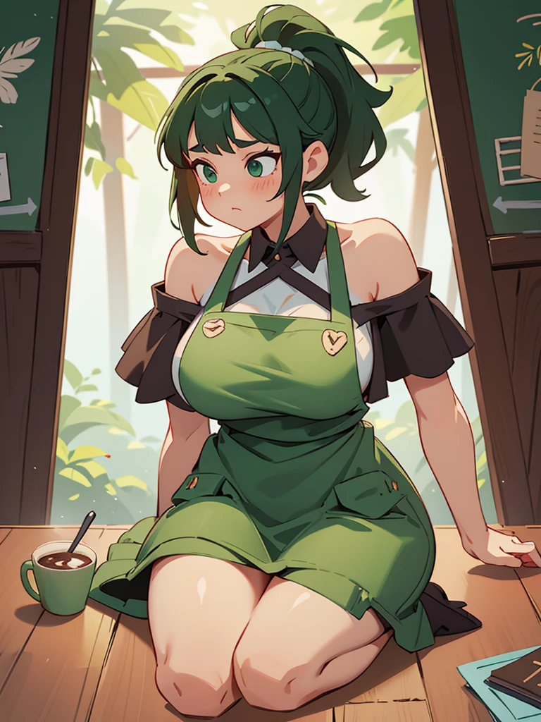 Cool beauty，Looks sweet，ponytail hairstyle, (only wearing dark green apron, off-shoulders), show clavage, show big thigh, huge breast, full body photo, sitting on a table, in a coffee shop