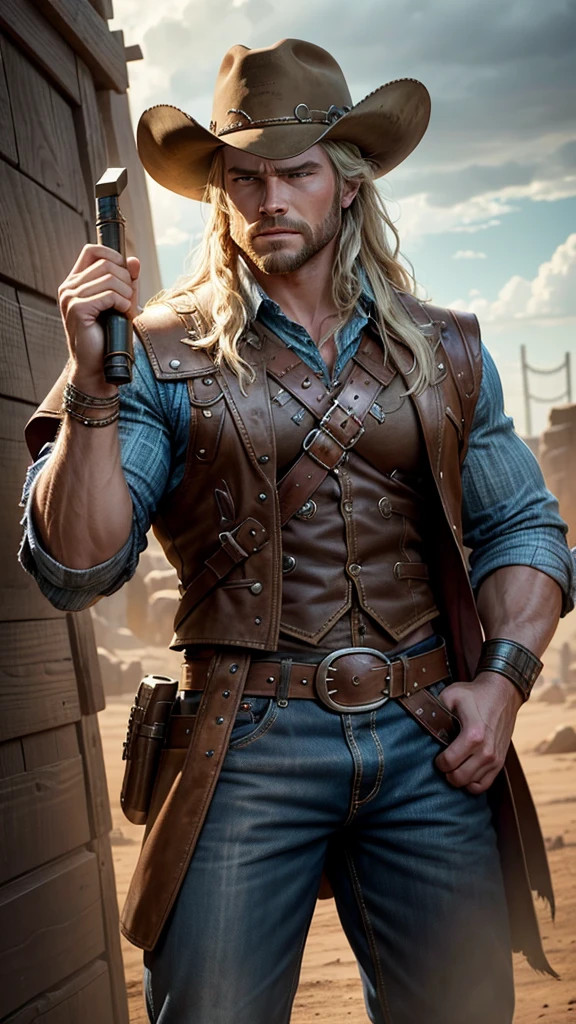 Thor in Wild West style, wearing Cowboys lather clothes,holding a Thunder Hammer, Cowboys hat and bring a pistol, in cowboy city, cinematic, extreem realistic, extreem detailed, extreem Sharp, super high resolution image, best quality photo,