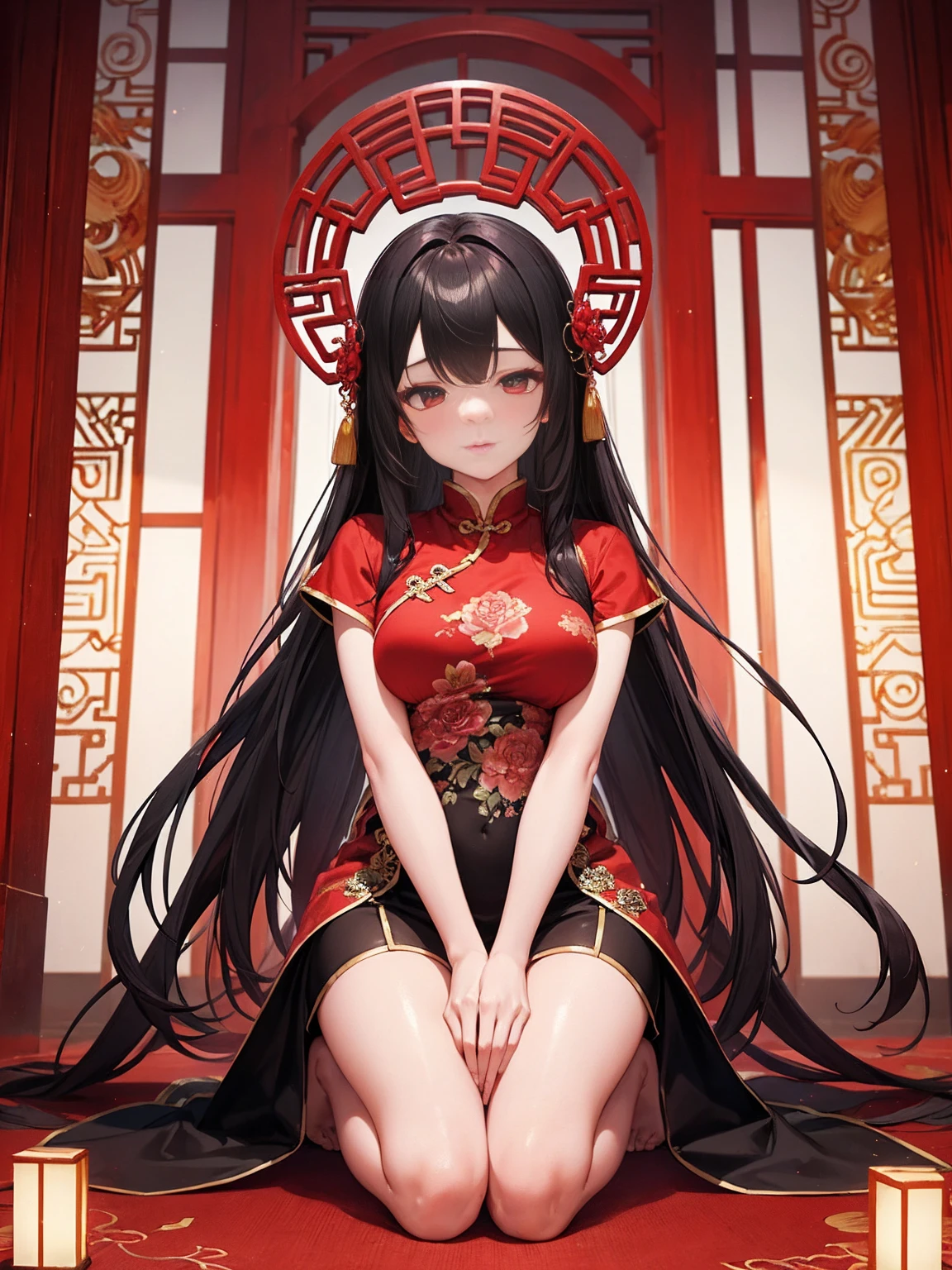 A serene Chinese ancient beauty kneels on a crimson backdrop, her hands pressed together in reverence as she whispers prayers to the heavens. Eyes shut in contemplation, her solemn yet breathtakingly lovely face reflects a deep sense of devotion. The fiery red hue surrounding her amplifies the intensity of her spiritual connection.