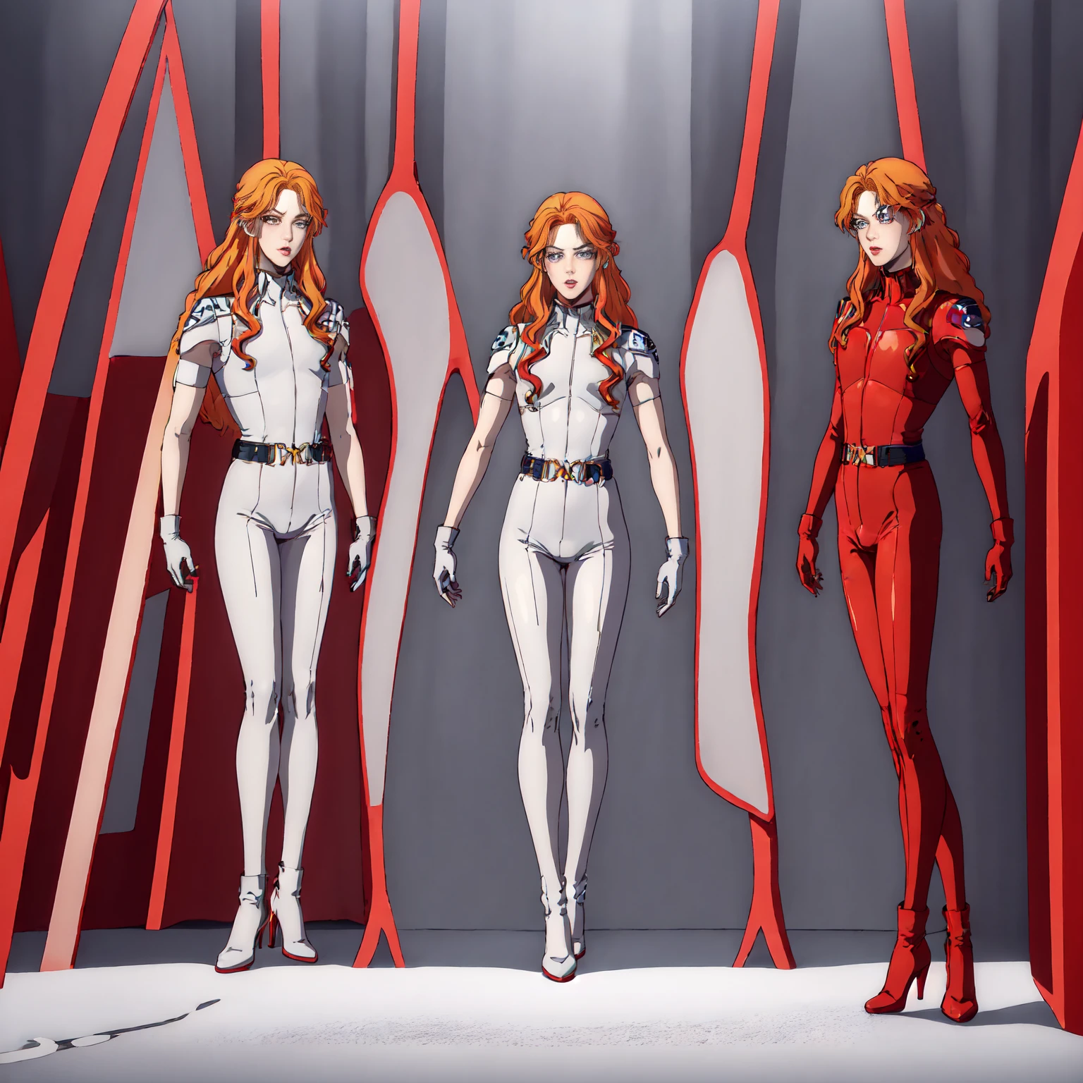 ((Full body photo, standing, feet on the ground))masterpiece,high quality,white background,solo,
chara_soon,1woman,
long hair,multicolored hair,two-tone hair,split-color hair,blonde hair,red hair,makeup,grey eyes,lipstick,
pilot suit,zion,
gloves,
boots,high heels,