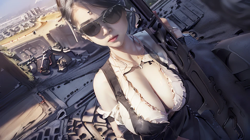 1woman, Alone, (3D realistic), Cold, hyper HD, 8K, dramatics, (((aerial view of the cities of the future))), volume fog, steamy, Matrix style, (((Matrix cascading code))), (((OLED GUI interfaces in the building))), (((((at night))))), (((((1girl, solo))))), photo realistic, (((((((large-breast:1.1 slim body, cleavage:1.4))))))), (((((off broken mini sling-shirt and black sling bra, extreamly short pleated miniskirt exposing panty))))), (((((running pose))))), (((((((matrix style black micro sunglasses))))))), ((((((((((aiming with a short gun)))))))))), (((((looking at camera))))), (((very low view))), (((((half-body thigh level medium shot))))), (((cinematic lighting))).