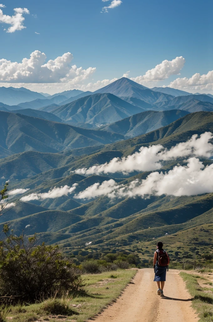 a comadre with her back turned in a distant distance watching a landscape