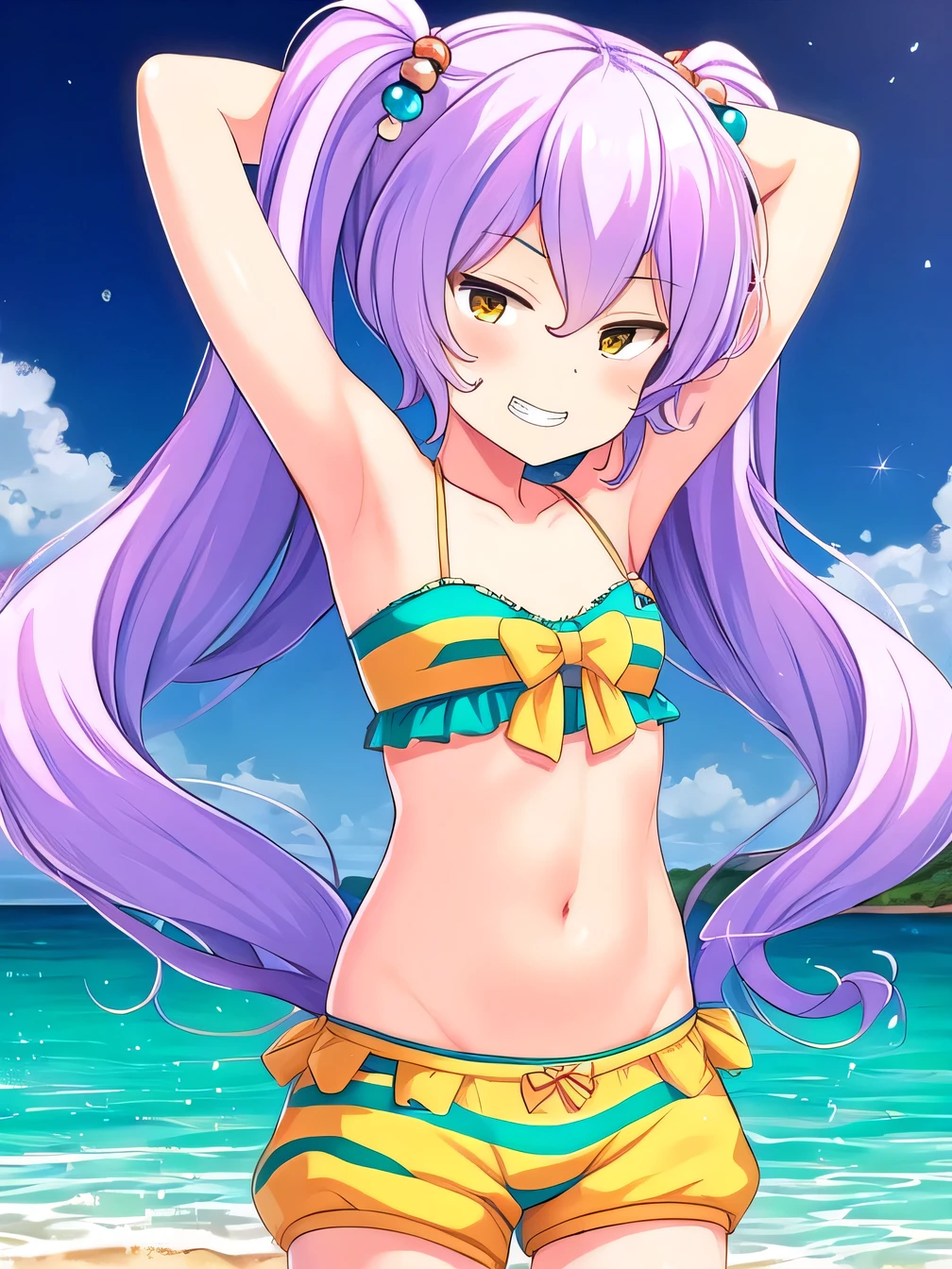 himejimakinoko, solo, 1girl, light purple hair, twintails, hair bobbles, polka dot , very long hair, yellow eyes, striped shorts, flat , high quality, solo, night sky, beach, (arms behind head), contrapposto, closed mouth, spread armpits, (cowboy shot:1.5), looking at viewer, grin, best quality,