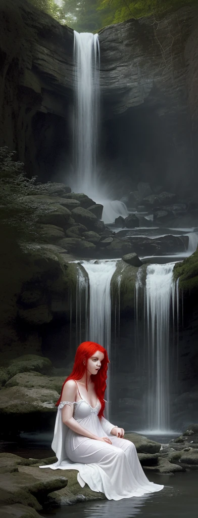 A curly-haired red-haired woman staring at her reflection in the water