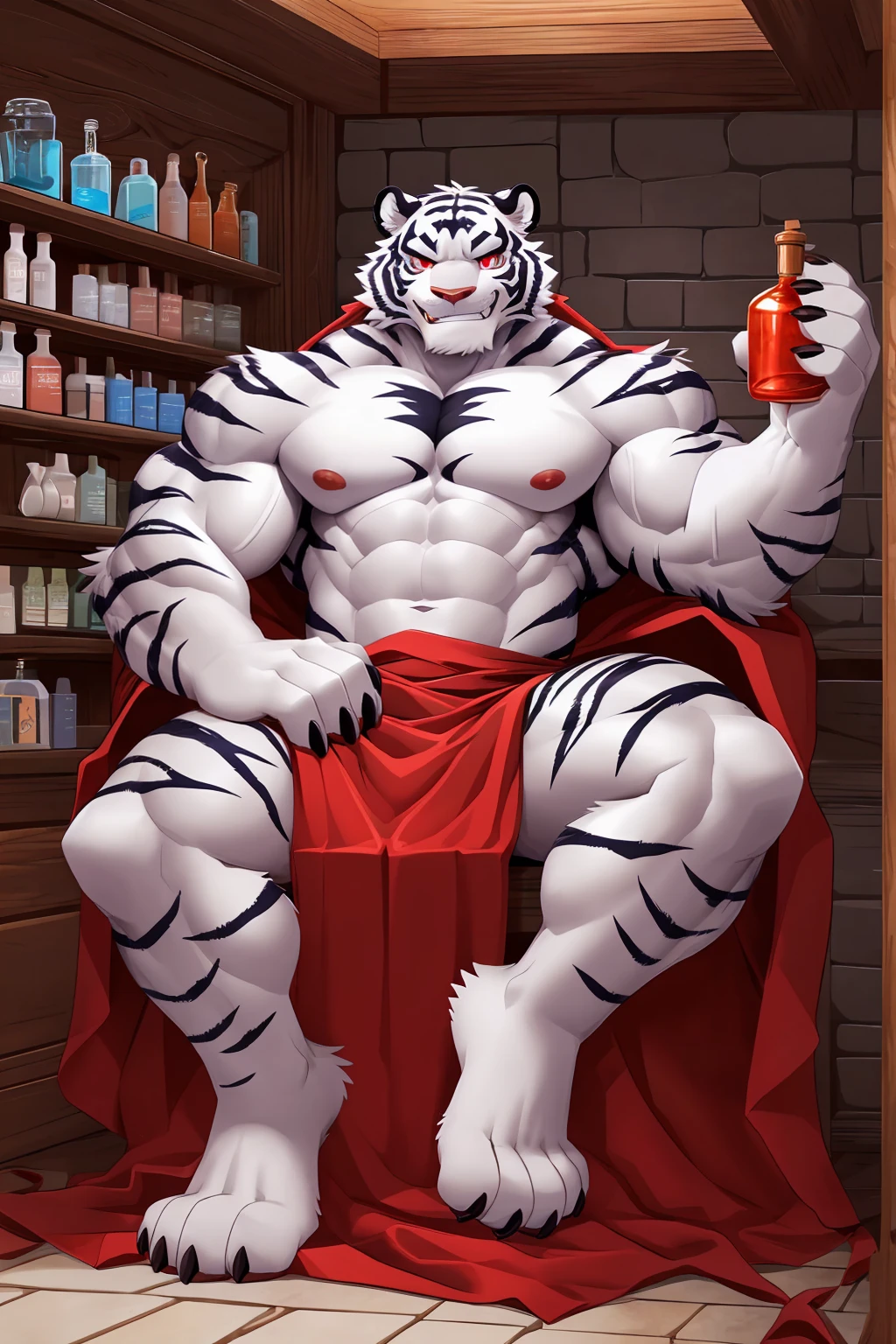 (sfw:1.5), male focus, pharmacist, Handsome 1boy, solitary,protrait photo,single, (Black nails, Black claws, White feet, White feet底板:1.4), White hair, White skin, (Black tiger stripe:1.5), (Black tiger stripes on arms, Black tiger stripes on legs, Black stripes on arms, Black stripes on legs:1.4), (White tail:1.3), White Teeth, (White fangs, Exquisite fangs, Perfect fangs:1.5), Delicate teeth, Perfect Teeth, (Perfect red eyes:1.4), (White body:1.3),
White Tiger, White Tiger, dragon boy, dragon body, feet, (evil eyes, big eyes, large eyes:1.4), (Chubby, The body is huge, Larger face:1.3), Human feet, (Four toes:1.4),
(Red cloth wrapped around the crotch, Red Cape:1.4), (Topless:1.1),
(full body:1.2), Front view, (Middle-aged men, Mature men:1.4), (Strong body, muscle,Strong male, muscle男, Bare chest muscles:1.3), Red nipples, (Abdominal muscles:1.4), belly button, (Bare legs, Strong and strong legs, Strong legs, bare arm, Thick arms:1.3), (Sitting, Sitting:1.3), (Looking at the audience, Focus, Eyes gaze:1.1), enjoy, (evil smile, evil grin, Smirk, evil smile, Evil smile:1.5), (Raise a hand, Holding red potion in hand:1.4),
full background, Stone brick floors, Stone Wall, indoor, (Potion Rack, Wooden frame, Pharmacy potion bottle:1.2), night, Candle,, Dim environment,
Mysterious and romantic atmosphere, Caustic lines(refraction, polarization)Perfect anatomical structure, absurd, Detailed background, (Delicate eyes:1.3),Printing style。((artist:Takemoto Arashi))
