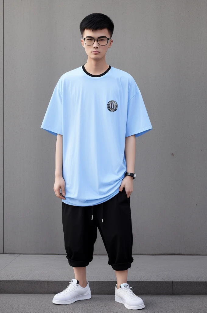 21 year old Beijing boy, he is wearing a oversize xxl blue plain t-shirt, he is wearing black trousers, he is wearing sneakers, he is wearing glasses, city, full body,  he is buzz cut Hair, foot, walking, nightclub, DJ set 