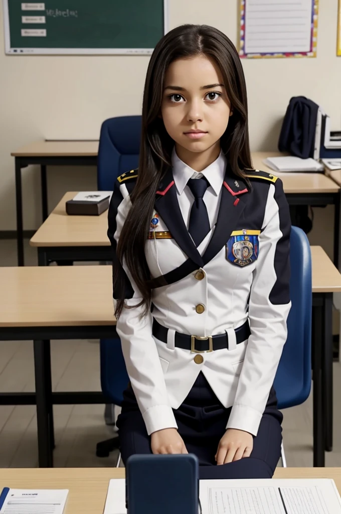 Screenshot of my hero academia.
Female student with long straight brown hair, black eyes, White skin, in uniform sitting at a desk 