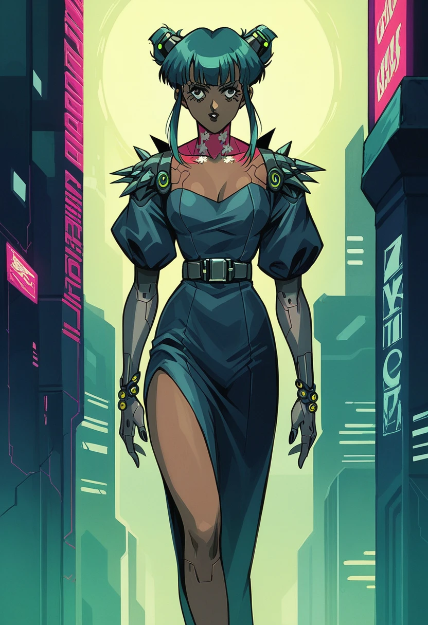 Generate a stunning (gothic architecture,  cyberpunk,  retro anime style:1.5),  a true [masterpiece] [best quality] of art.  [focus, solo, 1girl, dark skin, highly detailed cyberpunk yellow  gohtic dress, belt, walking]. Background in  [grand scale:1.5, panorama:1.5]. The image showcases [detailed linework], [dynamic shading], and [dramatic lighting], bringing to life a [dreading atmosphere, grim dark coloures].