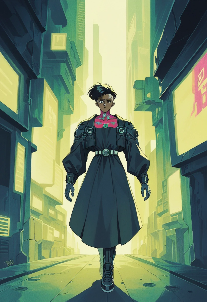 Generate a stunning (gothic architecture,  cyberpunk,  retro anime style:1.5),  a true [masterpiece] [best quality] of art.  [focus, solo, 1girl, dark skin, highly detailed cyberpunk yellow  gohtic dress, belt, walking]. Background in  [grand scale:1.5, panorama:1.5]. The image showcases [detailed linework], [dynamic shading], and [dramatic lighting], bringing to life a [dreading atmosphere, grim dark coloures].
