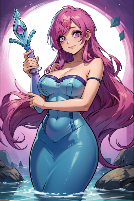 
A pink haired female mermaid with violet eyes and an hourglass figure in violet shells and a pink mermaid tail is smiling on a rock
