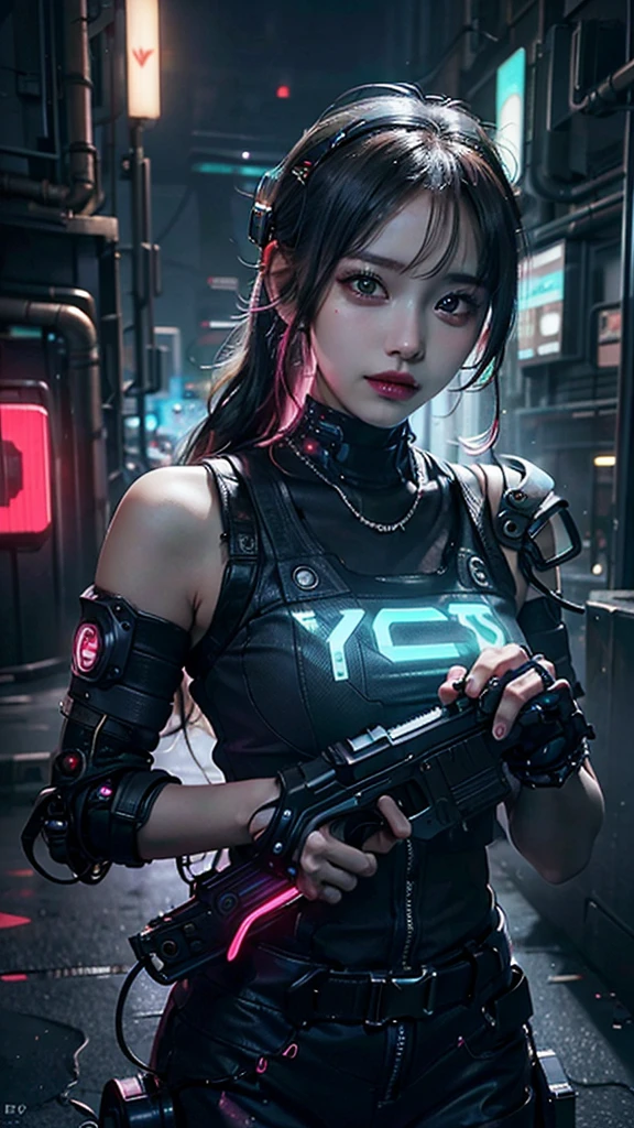 8K,beautiful,cyber punk,cyber punkな街並み,Neon night,Charming girl at 18 years old,Baby Face,Long Shot,whole body,Composition from afar,(Held up a gun)