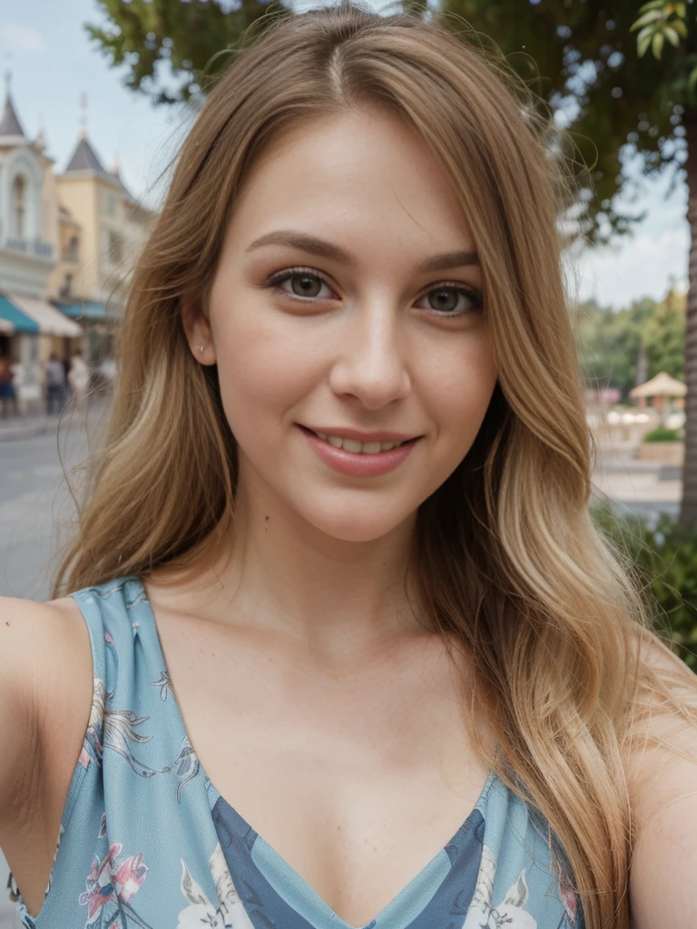 1 girl, solo, ((ugly:1.4)), ((Croatian woman)), sharp image, name is Sauri, (25 years old), (((consistent face and image))), (long blonde wavy hair), (((Croatian face and nose))), (upper body and upper legs)), (slim), (wearing printed classy summer dress), posing overlooking Disneyland Paris, smiling, ((mature and smirking)), (((selfie shot)))