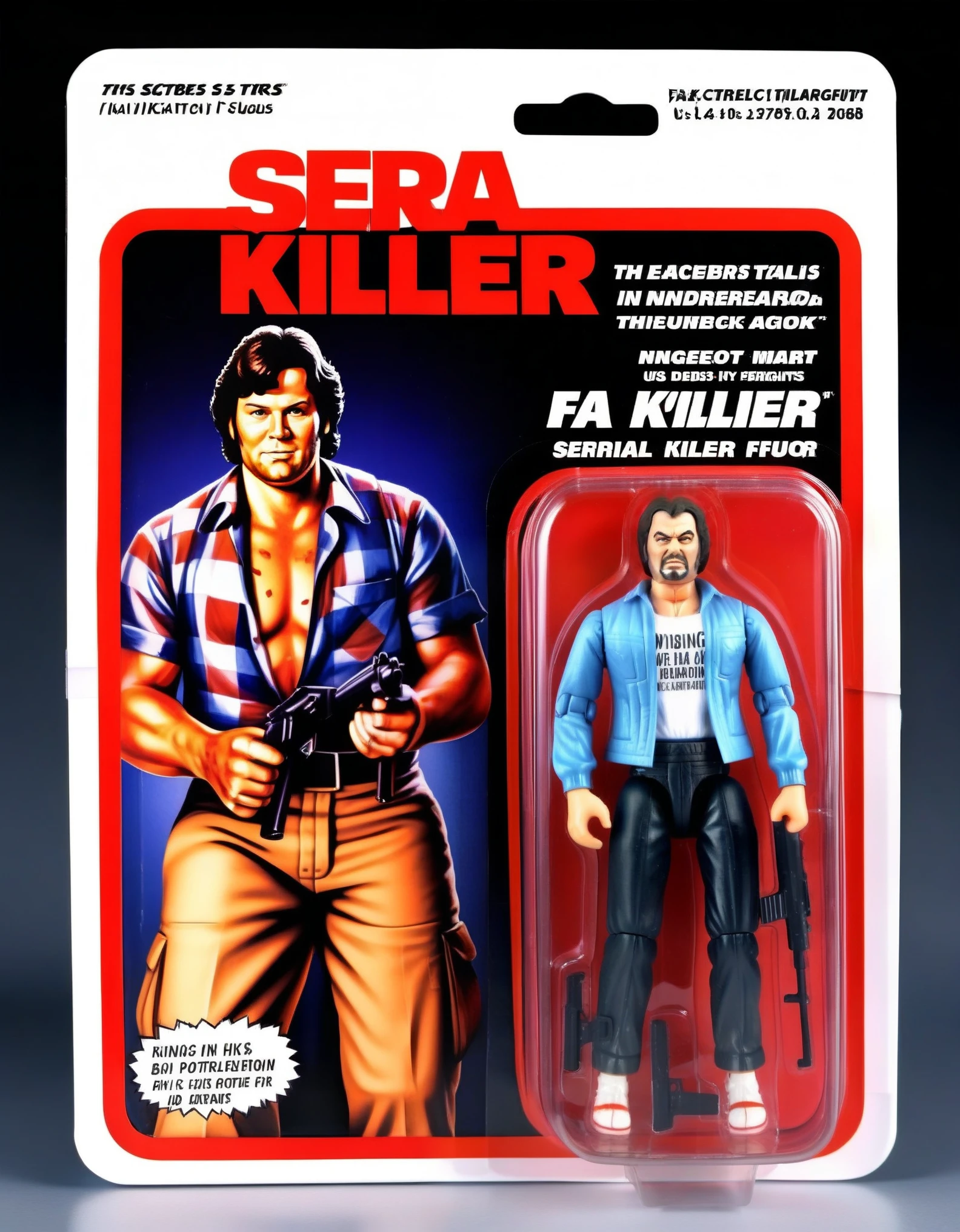 An action figure of serial killer in a plastic box, resembling a photograph. The fat figure is in a Excitement in standing with a gun, wearing shirts and pants, The packaging displays a fat citizn serial killaer's dynamic in-life moments and his signature interpretation,