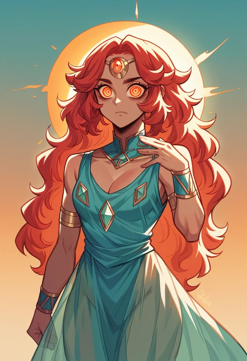 ( High quality , ultra detailed to hand ) ( careful hand ) Zodiac sign- Aries goddess , similar to latin goodness , Brave ,willful ,productive ,enterprising and humanitarian face . Moody, impulsive, impatient, assertive style . sunset reddish hair , transparent dress , in the ocean with sun , whole body , crystal fire eyes ( eye detailed ) . strong powerful make up look . Fire goddess .