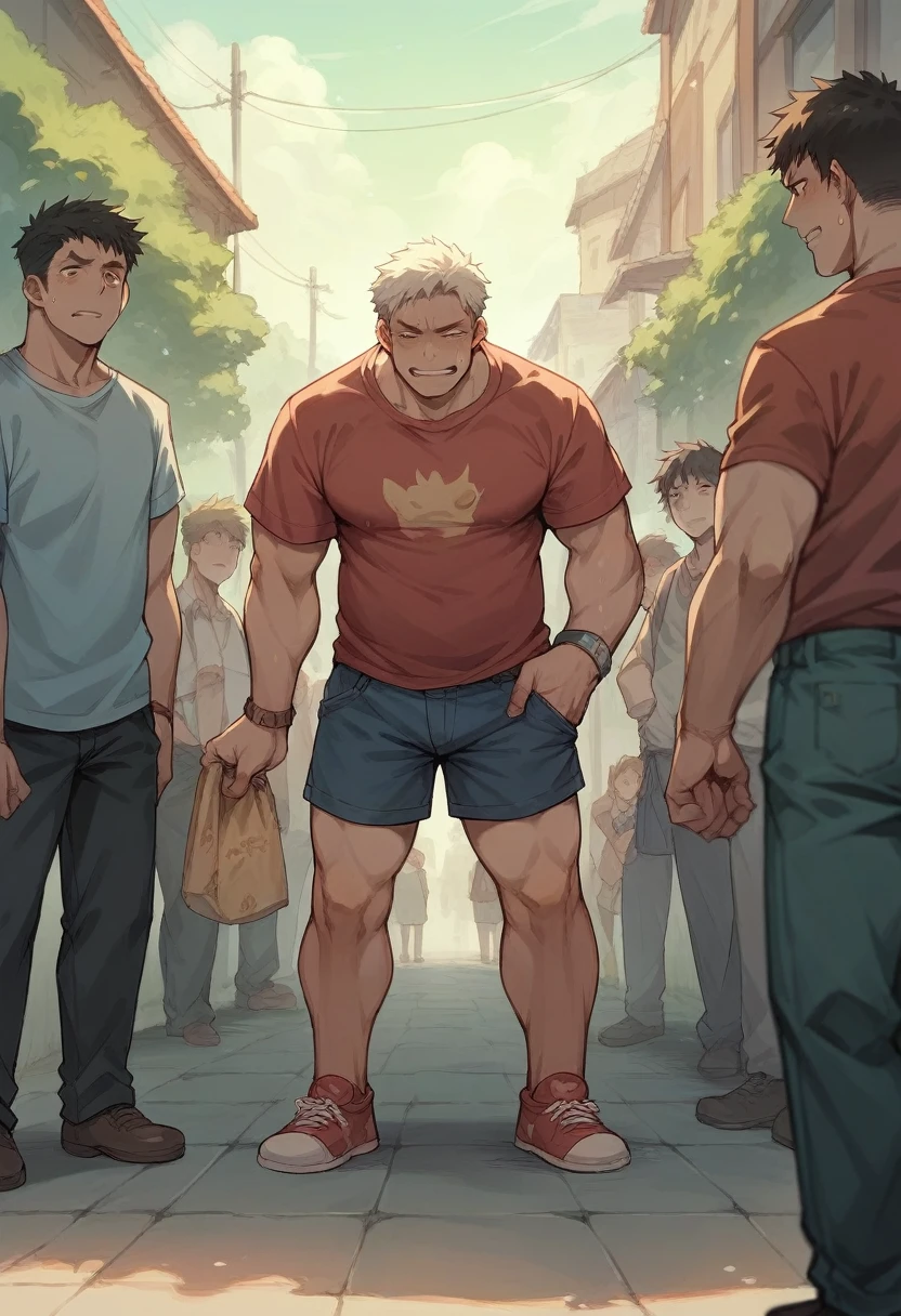 A man Madure around 40 years old being humiliated by people because he is wearing ridiculous underwear and Childish