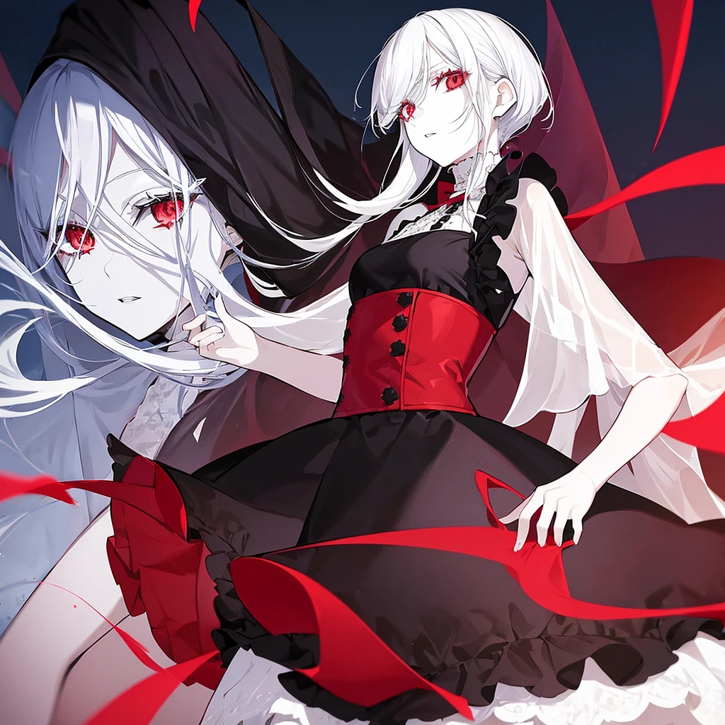 screenshot of black butler. young woman. short hair (white). pale skin. red eyes (long eyelashes). white dress. sea background (at night).