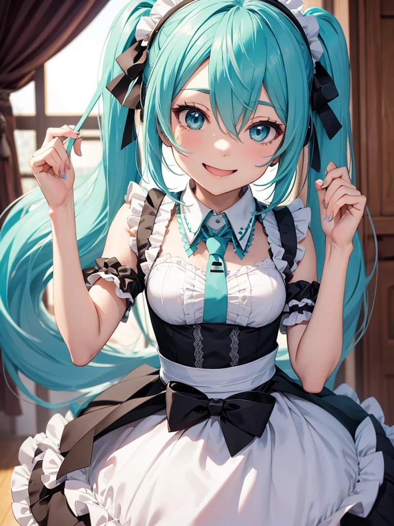 Hatsune miku, smiling, maid, showing the tongue