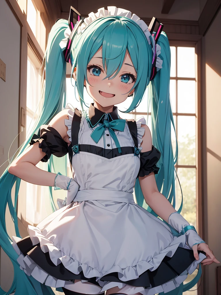 Hatsune miku, smiling, maid, showing the tongue