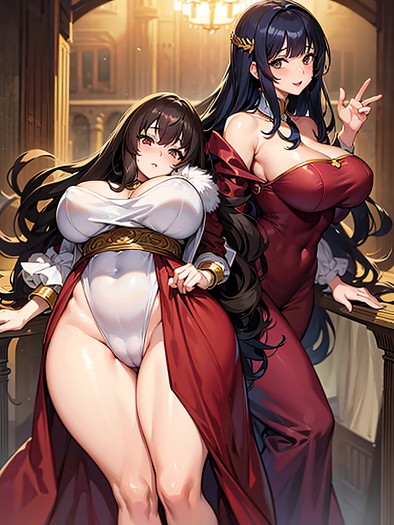 Anime girl, thick and curvy, long curly brown hair with bangs, brown eyes, fancy gown