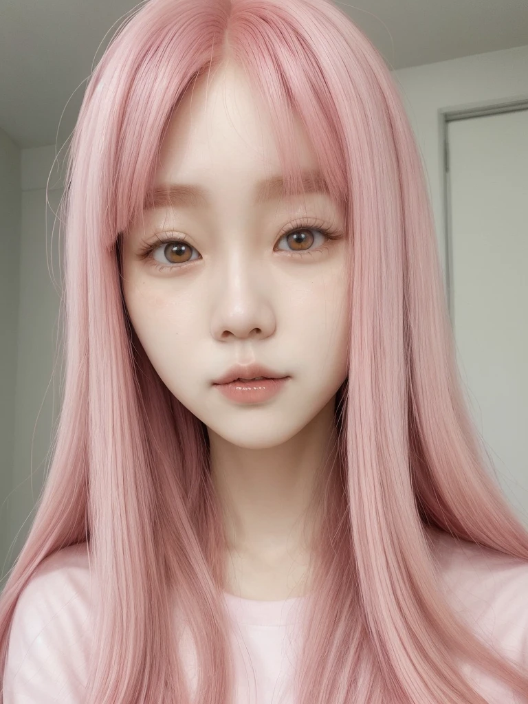 Korean face with long pink hair