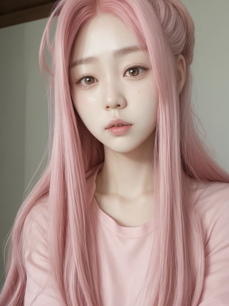 Korean face with long pink hair